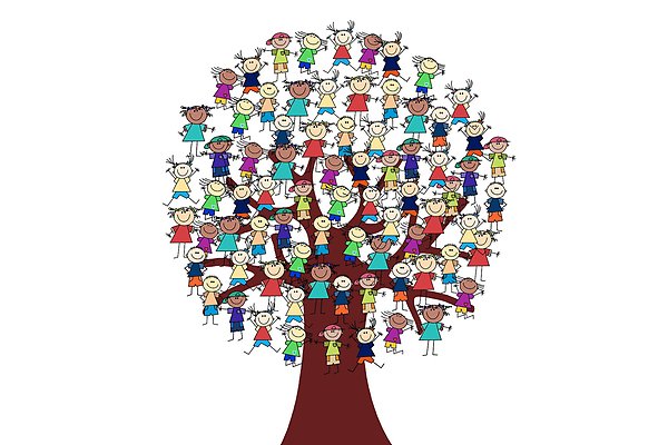Ett tecknat träd med en massa människor föreställande löv